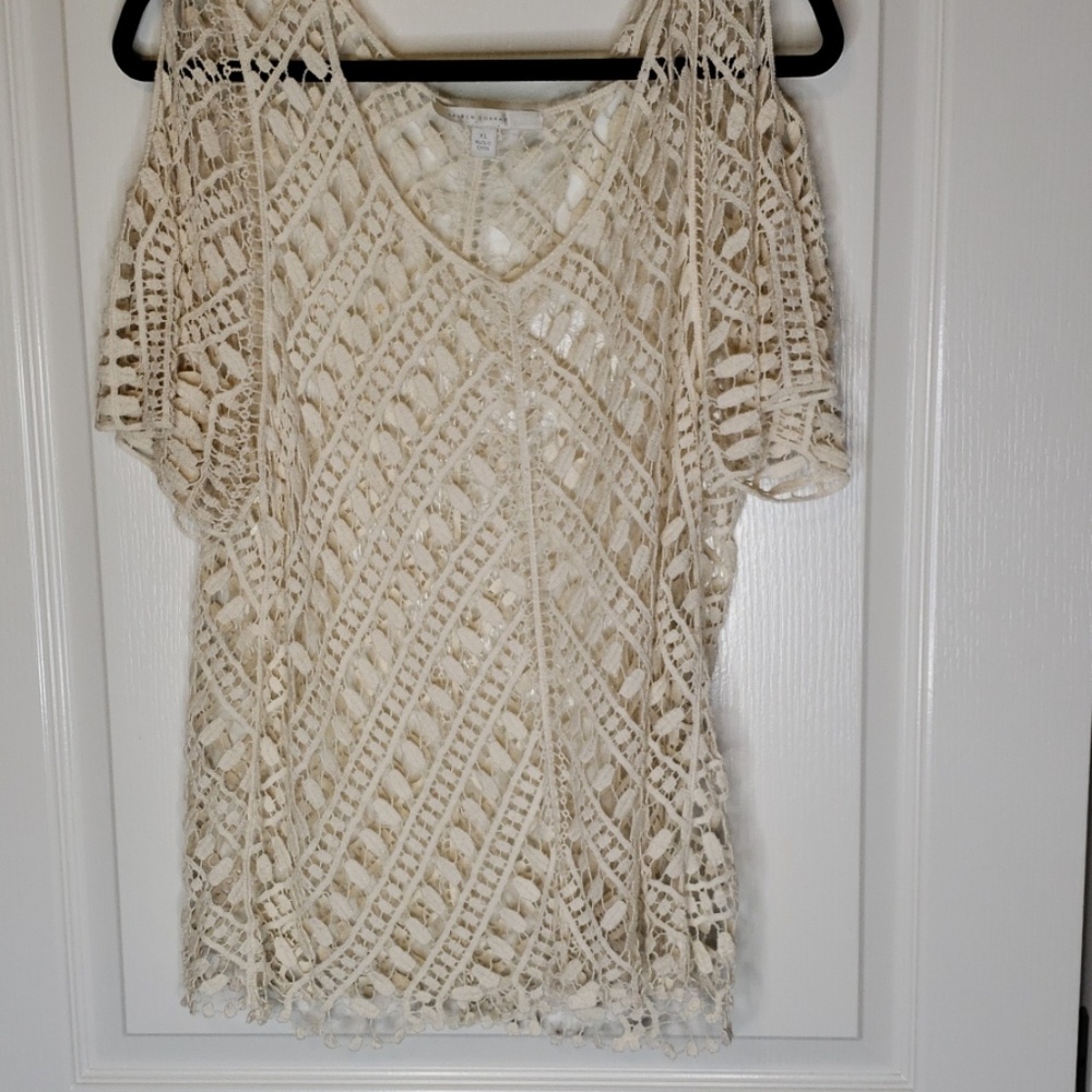 Crochet Beige Cold Shoulder Top - Picture 6 of 7